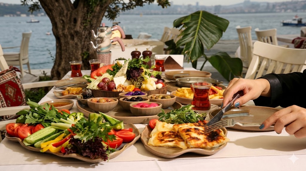 Büyükada kahvaltı mekanında deniz manzaralı serpme kahvaltı masası