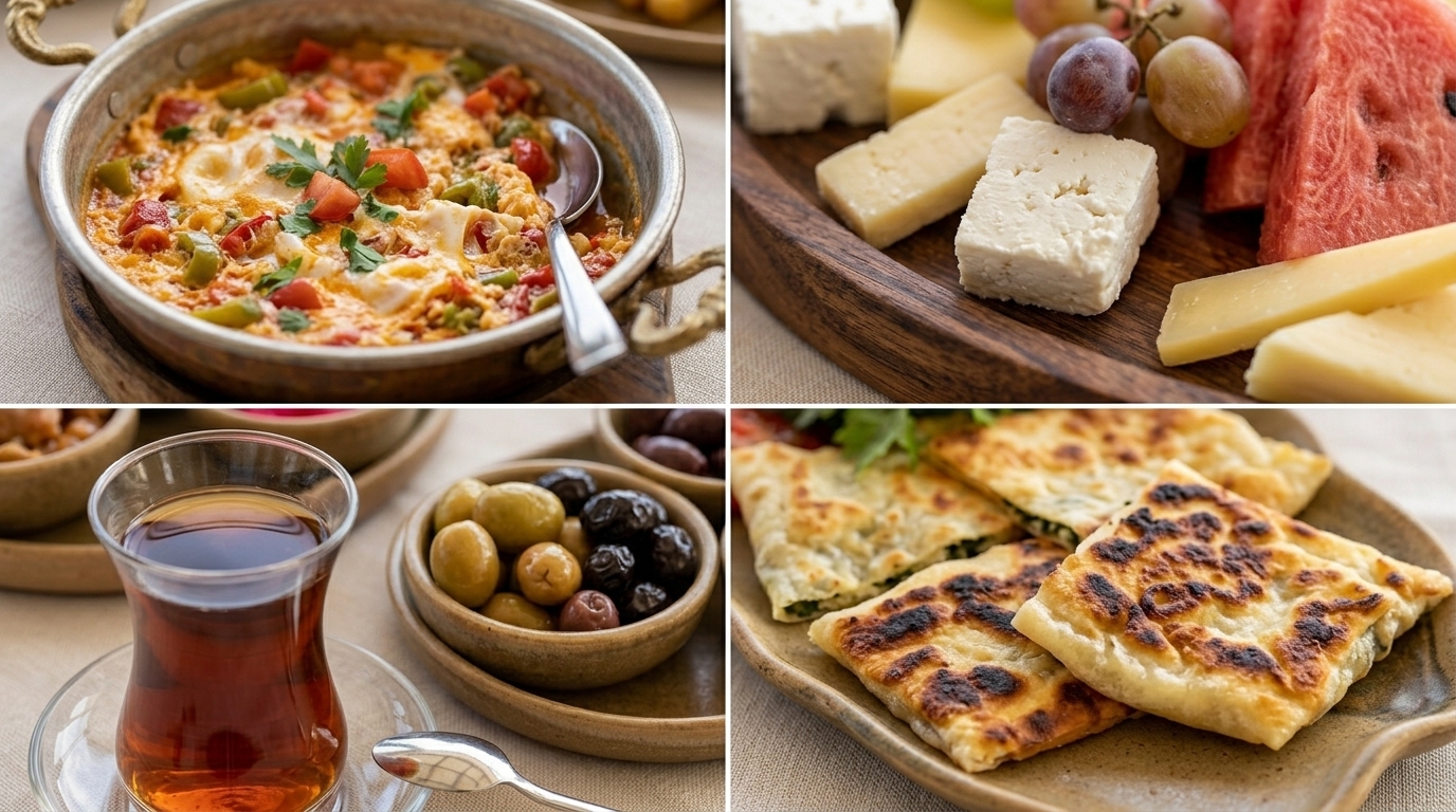 Menemen, peynir tabağı, çay, zeytin ve gözlemeden oluşan kahvaltı kolajı