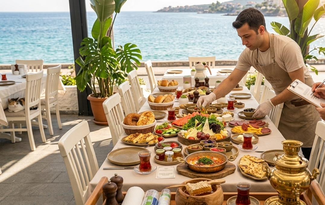 Deniz kenarında serpme kahvaltı servisi için hazırlanan zengin kahvaltı masası