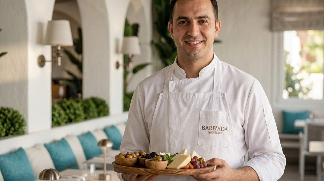 Barb’ada restoranında kahvaltılık tabağı sunan şef