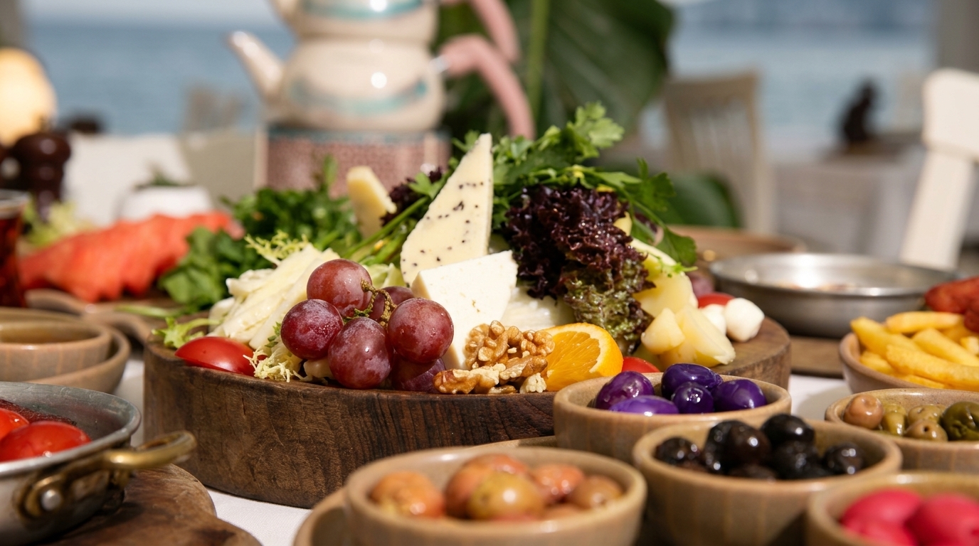 Büyükada kahvaltı deneyiminde peynir, üzüm ve cevizle hazırlanan sunum