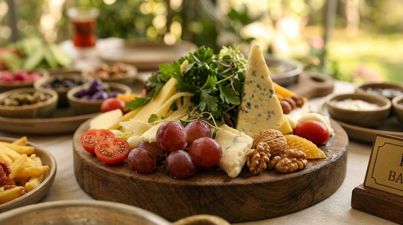 Büyükada’da deniz manzaralı serpme kahvaltı masasında peynir, zeytin ve taze ürünler