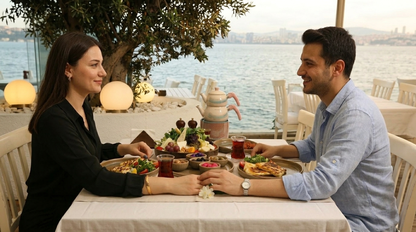 Büyükada çiftler için kahvaltı atmosferini yansıtan deniz manzaralı masa