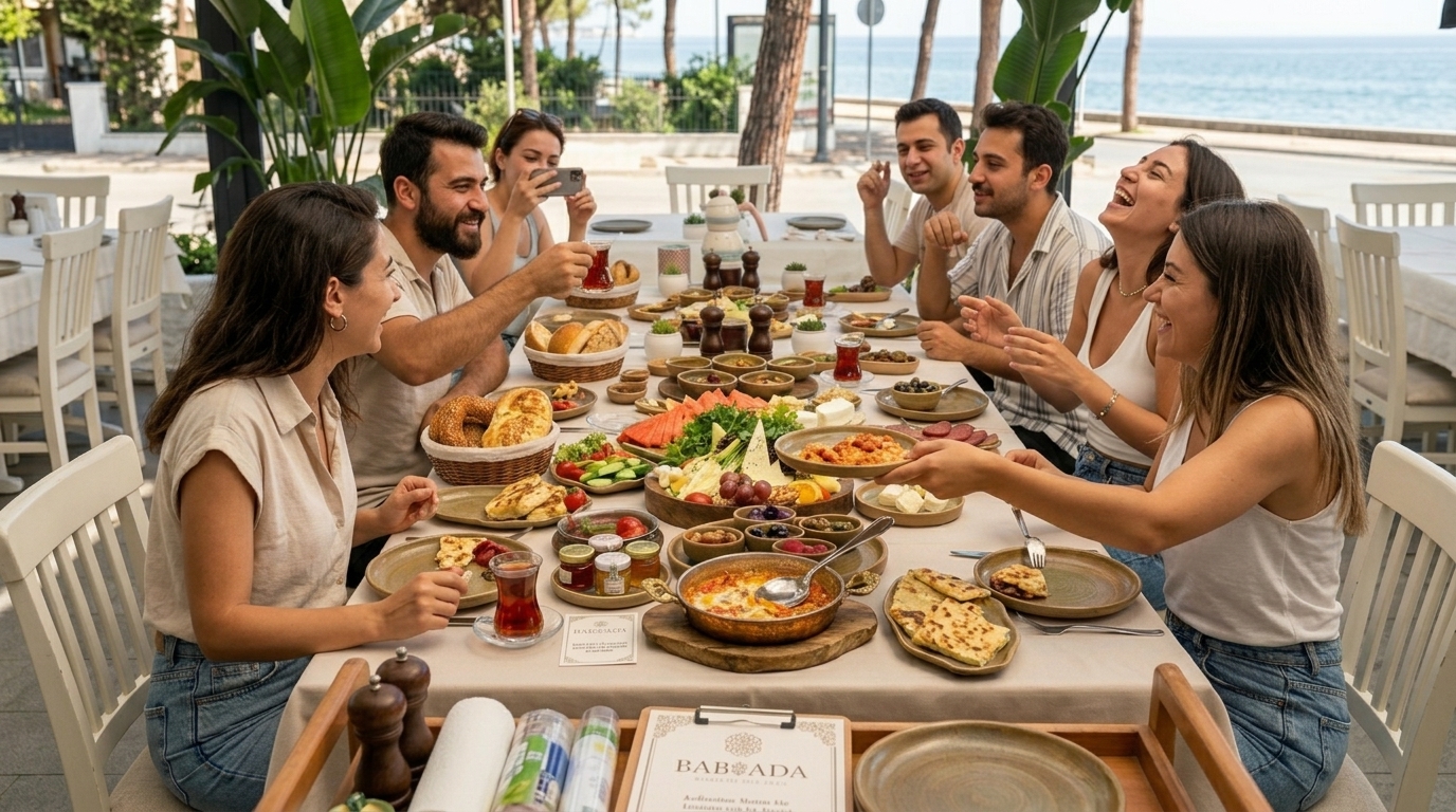 Büyükada’da arkadaş grubunun birlikte kahvaltı yaptığı serpme kahvaltı masası
