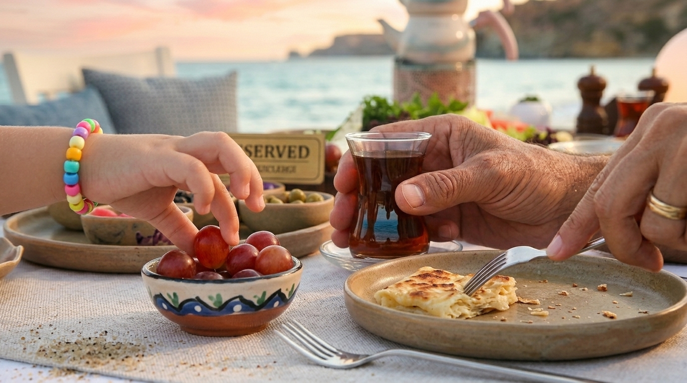 büyükada sahil kenarı Sahil kenarında kahvaltı sırasında çay ve kahvaltılıklar eşliğinde aile anı