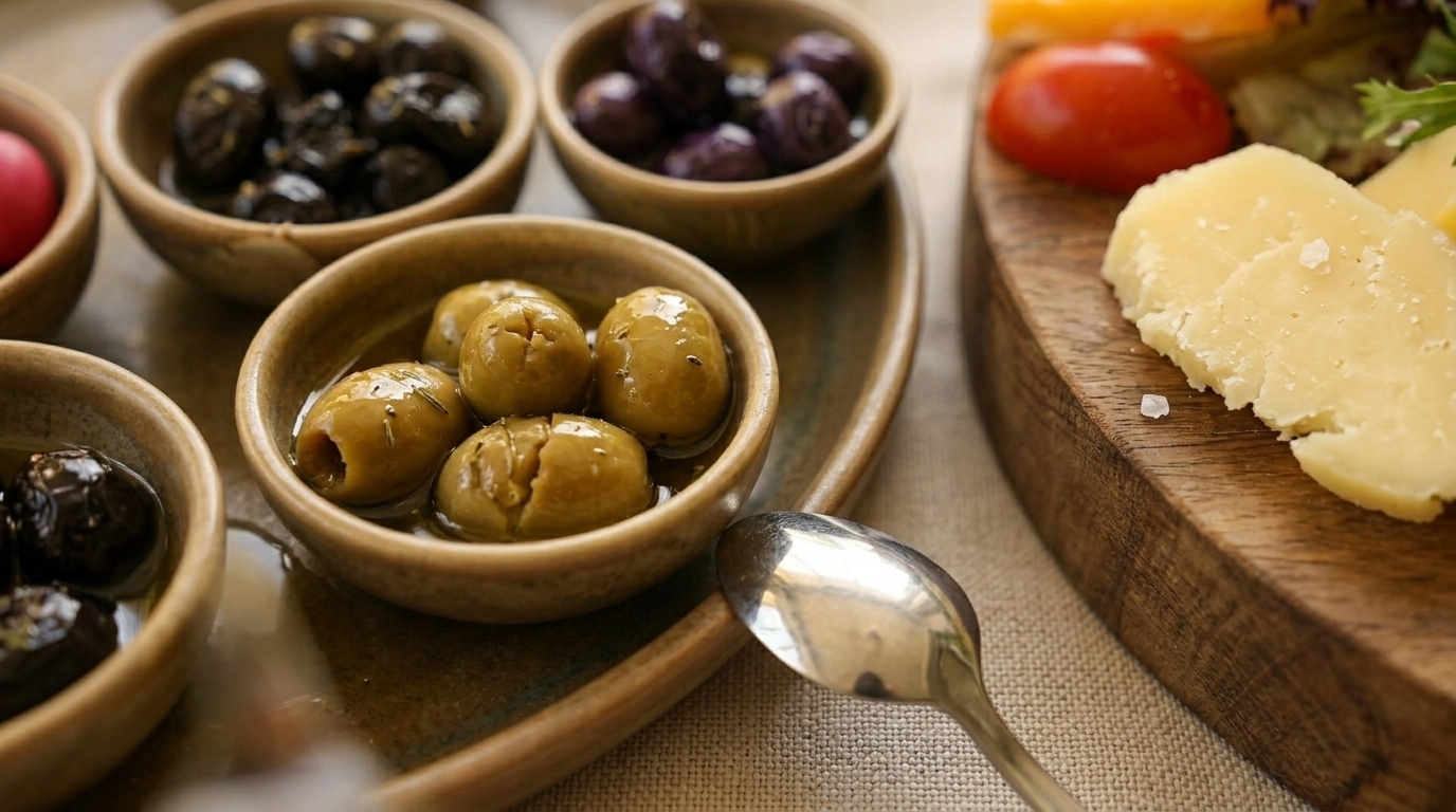 Serpme kahvaltıda sunulan zeytin çeşitleri ve peynir detayları