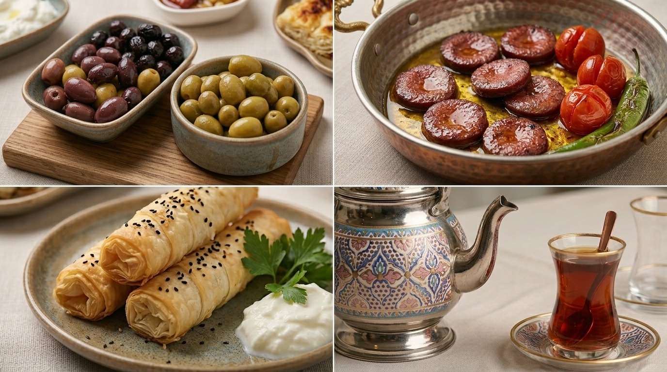 Zeytin, sucuk tava, sigara böreği ve Türk çayından oluşan kahvaltı kolajı