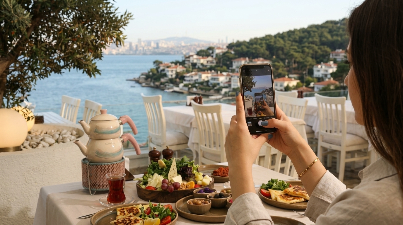 Büyükada kahvaltı mekanı için rezerve masa ve serpme kahvaltı sunumu