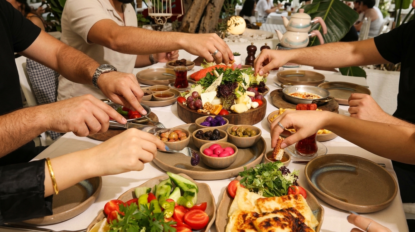 Büyükada aile kahvaltısı için deniz manzaralı serpme kahvaltı sunumu