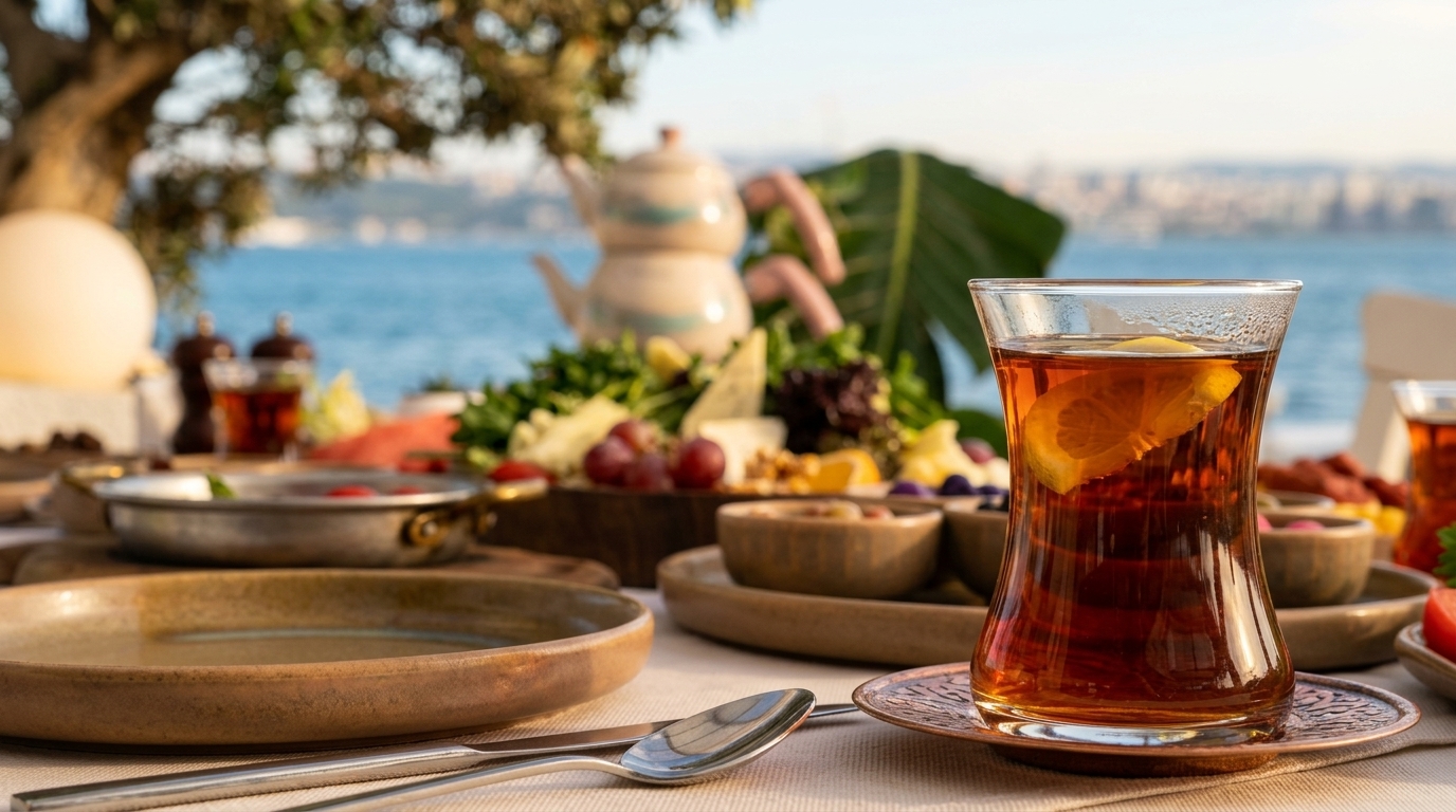 Büyükada serpme kahvaltı sunumunda peynir, zeytin, reçel ve sıcak ürünler