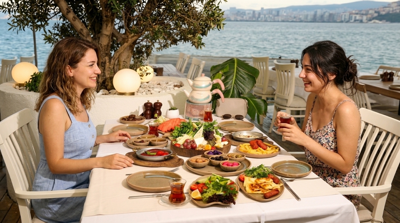 büyükada'da kahvaltı yapan iki kadın