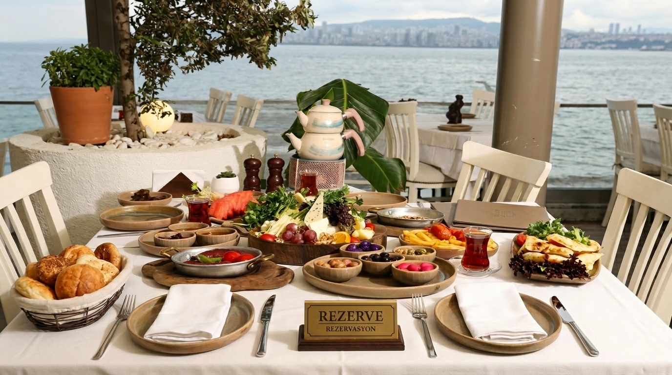 Büyükada kahvaltı rezervasyon için hazırlanan deniz manzaralı masa