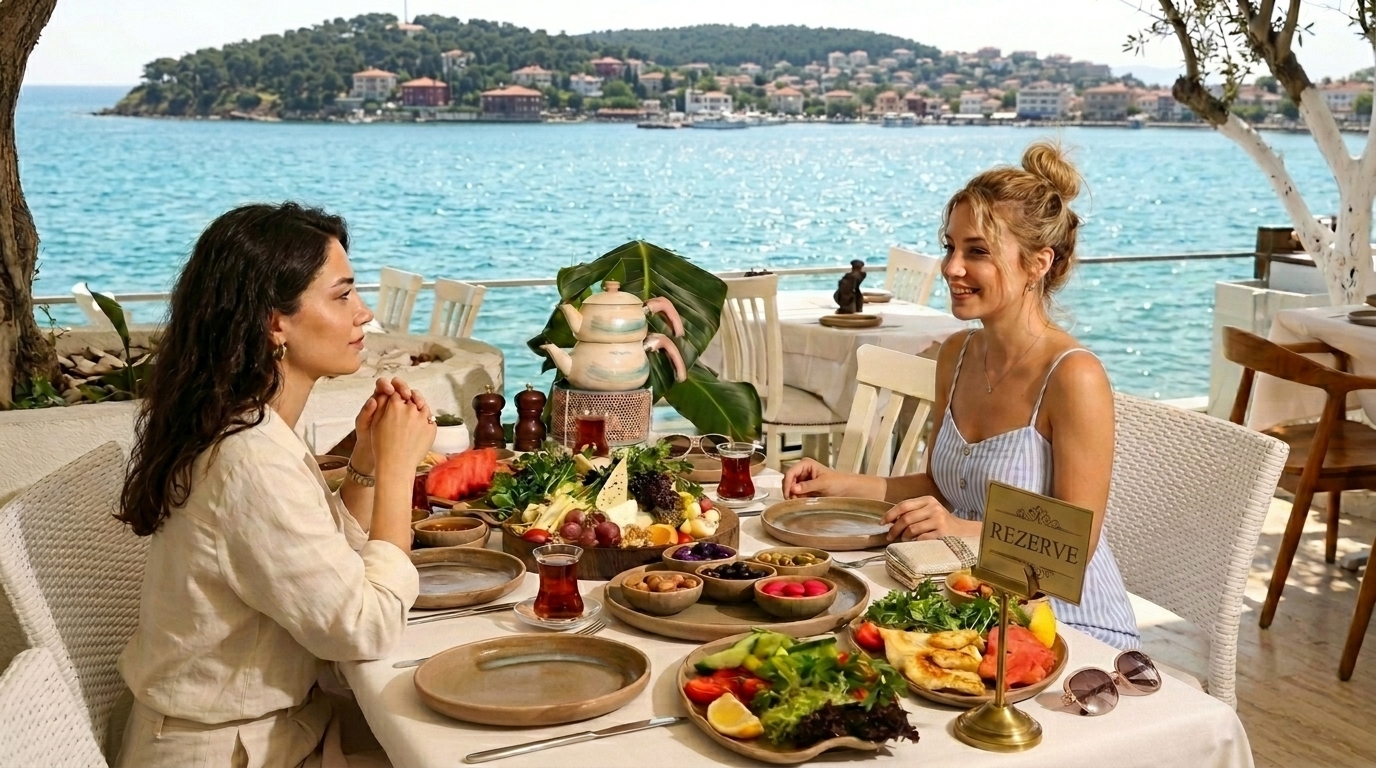 Büyükada kahvaltı rezervasyon ile planlanan arkadaş grubu kahvaltısı