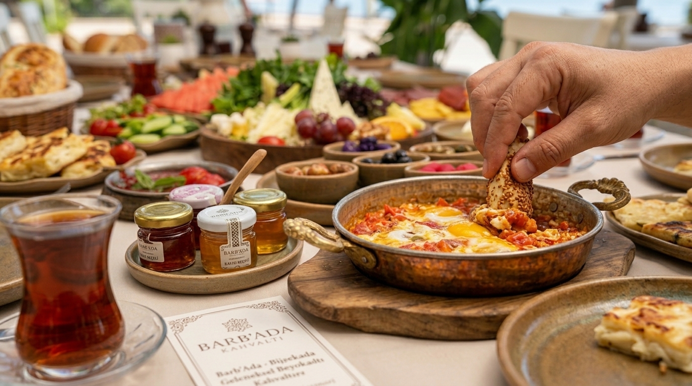 Serpme kahvaltı masasında menemen, çay ve kahvaltılıklar eşliğinde ekmek banma detayı